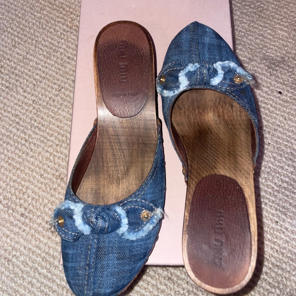 Miu Miu Denim Blue Mules with Wood Accents